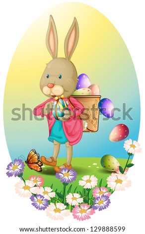 Illustration of a bunny carrying a bag of Easter eggs on a white background
