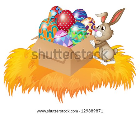 Illustration of a bunny pushing a box full of easter eggs on a white background