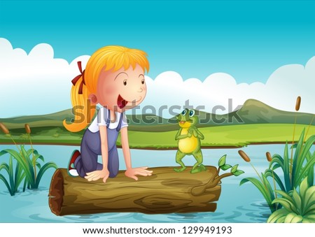 Illustration of a girl with a frog in the river
