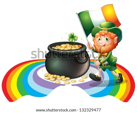 Illustration of a man holding a flag with a pot of gold coins on a white background