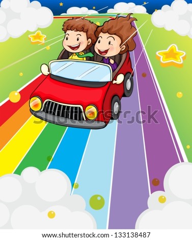 Illustration of the two kids riding in a red car