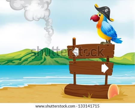 Illustration of a parrot with a pirate hat above the wooden signboard
