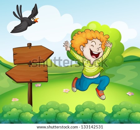Illustration of a black bird and a happy boy near the arrow signage