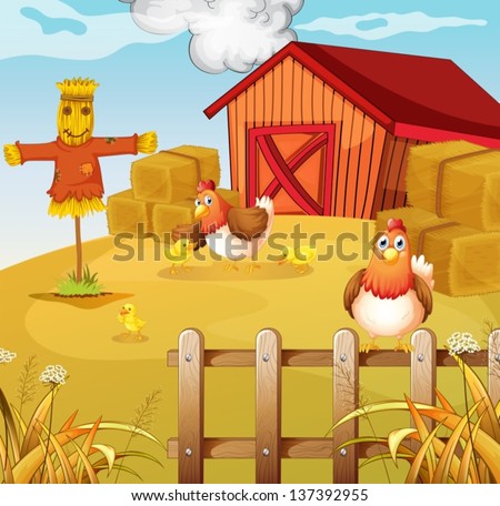 Illustration of a farm with two chickens and three chicks