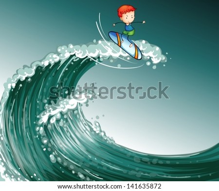 Illustration of a boy surfing with big waves
