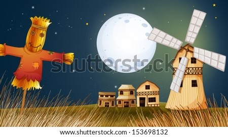 Illustration of a scarecrow in the ricefield near the windmill