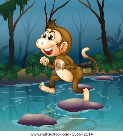 Illustration of a monkey smiling while crossing the river