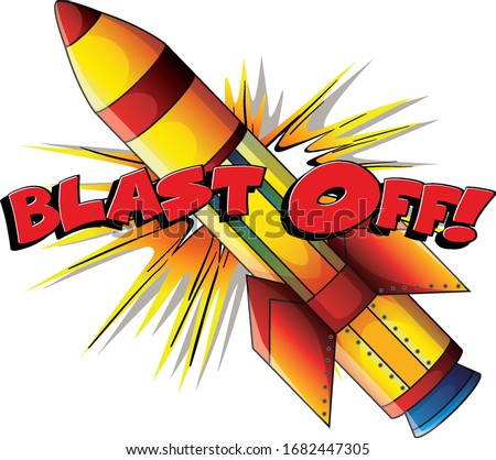 Font design for phrase blast off with rocket on white background illustration
