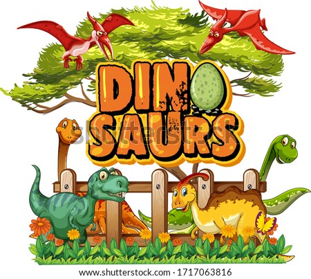 Font design for word dinosaurs with many dinosaurs in the park illustration