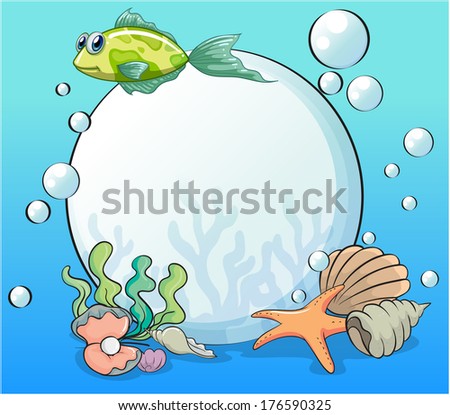 Illustration of a pearl in the ocean surrounded by sea creatures