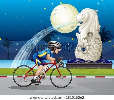 Illustration of a biker passing the street with the statue of Merlion