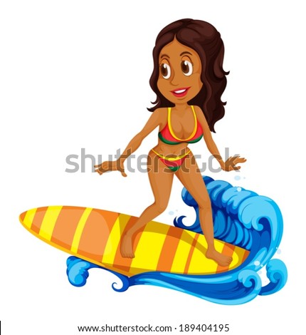 Illustration of a tan girl surfing on a white background
