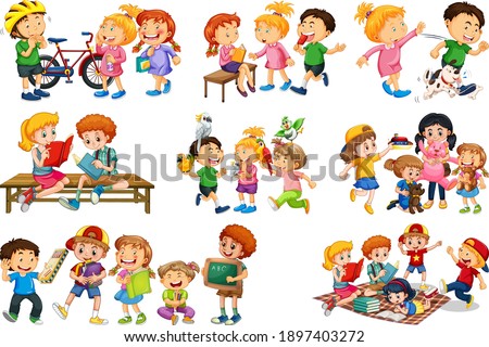 Set of different kid playing with their toys cartoon character isolated on white background illustration