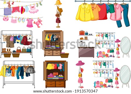 Set of clothes, accessories and wardrobe isolated on white background illustration