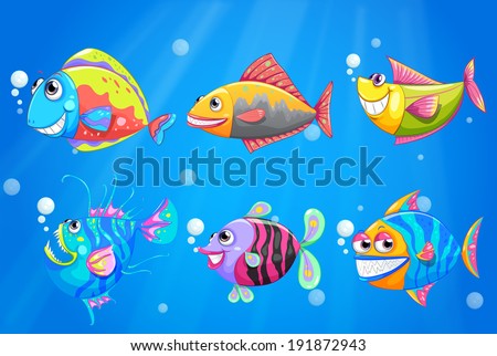 Illustration of a group of colorful smiling fishes