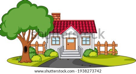 Front view of a house with nature elements on white background illustration