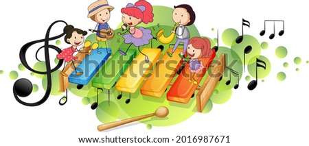 Xylophone with many happy kids and melody symbols on green splotch illustration