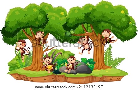 Isolated forest scene with naughty monkeys illustration
