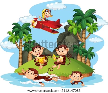 Isolated island with naughty monkeys doing different activities illustration