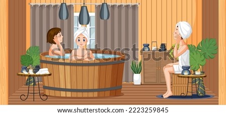 Girls enjoying hot tub in steam room illustration