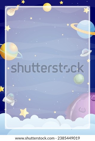 A vibrant vector cartoon illustration of outer space with multiple planets, featuring a decorative border frame template