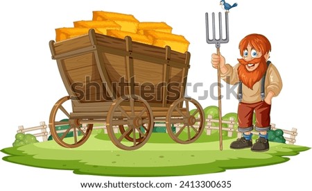 Cartoon farmer standing next to a hay-filled wagon.