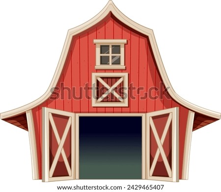 Cartoon-style red barn with white trim details.