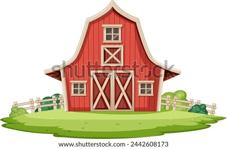 Cartoon illustration of a red barn with white trim.