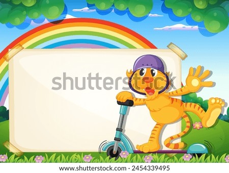 Cartoon tiger riding a scooter, blank banner background.