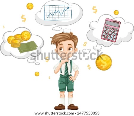 Boy contemplating money, graphs, and calculator