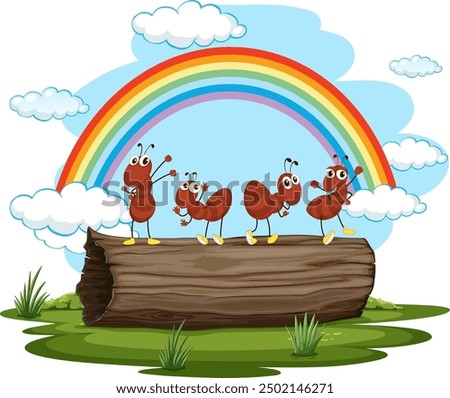 Four ants on a log with rainbow