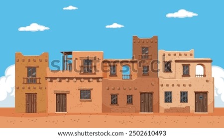 Illustration of adobe houses under a blue sky