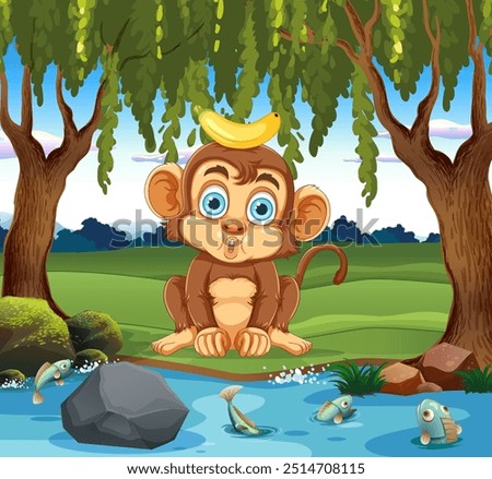 Monkey balancing banana near river with fish