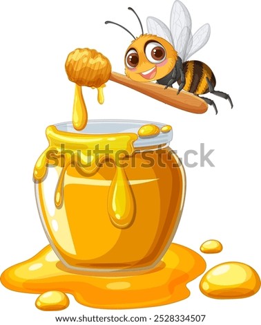 A happy bee with a honey jar and dipper