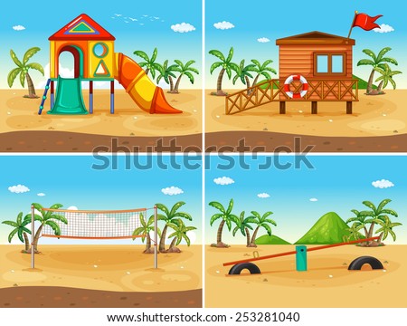 Illustration of four play station on the beach