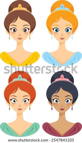 Four diverse princess illustrations in vibrant colors