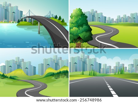 Four scenes of roads to the city