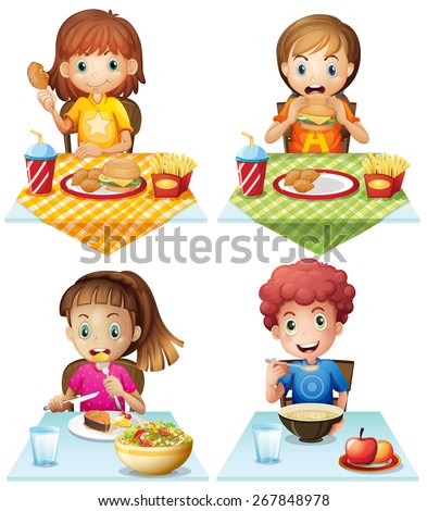 Children Eating Food On The Dining Table Stock Vector Illustration ...