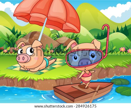 Two pigs enjoying at the bank of a river