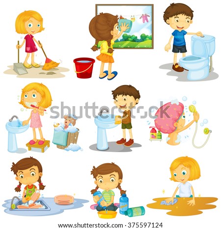 Children doing different chores illustration