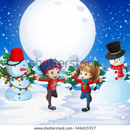Boy and girl playing with snow at night illustration
