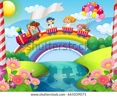 Children riding on train over rainbow illustration