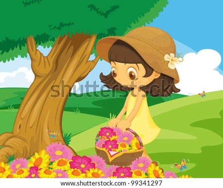 Cute Girl Picking Flowers In The Park Stock Vector Illustration ...