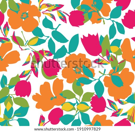 Seamless floral tile fabric design that can be scaled and edited. Cut and paste fashion elements into your new design or recolor the design. Large size repeat prints for interiors and clothing.