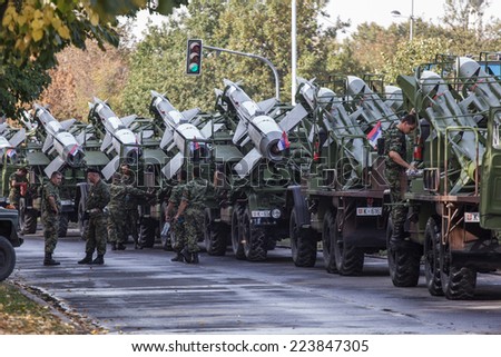 Belgrade, Serbia - October 14, 2014:  Serbian Air Defense missile system SA-3 on street of Belgrade, preparations for a military parade in Belgrade on October 14, 2014 in Belgrade, Serbia.