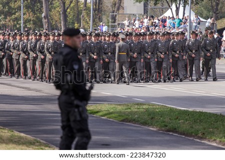 Belgrade, Serbia - October 14, 2014: Serbian army soldiers prepares for parade on street of Belgrade, preparations for a military parade in Belgrade on October 14, 2014 in Belgrade, Serbia.