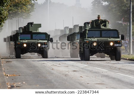 Belgrade, Serbia - October 12, 2014:  Serbian army special force combat vehicles on street of Belgrade, preparations for a military parade in Belgrade on October 12, 2014 in Belgrade, Serbia.