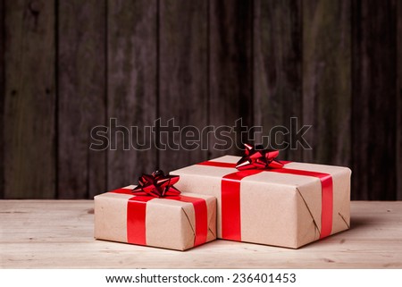 Gift boxes on wooden table.