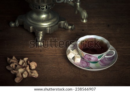 traditional Russian tea. Samovar, bagels and dried apples