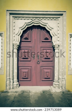 old wooden door framed by a carved stone. tinted